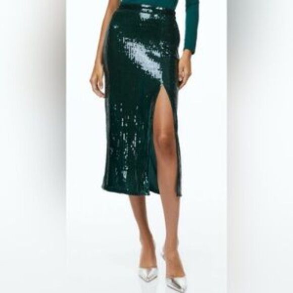 H&M Women Skirt Midi Sequins High Slit Sexy Formal Stretch Green Size 2 J150 - Picture 2 of 12